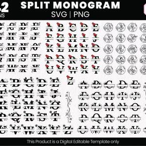 Könnte beinhalten: Ein digitaler Download von 442 geteilten Monogramm-Designs im SVG- und PNG-Format. Die Designs zeigen eine Vielzahl von floralen und geometrischen Mustern, wobei jeder Buchstabe in zwei Hälften geteilt ist. Die Buchstaben sind in Schwarzweiß, und die Muster sind in Schwarz.