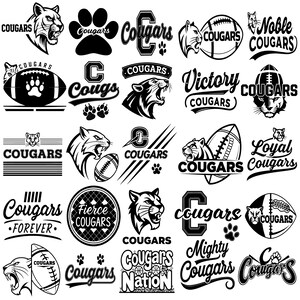 May include: A collection of black and white Cougar-themed designs. The designs include cougar faces, paw prints, footballs, and various text elements such as "Cougars Forever", "Fierce Cougars", and "Cougars Nation".