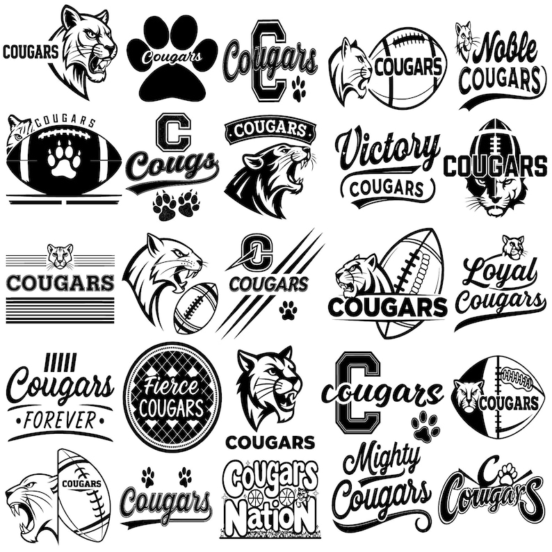 May include: A collection of black and white Cougar-themed designs. The designs include cougar faces, paw prints, footballs, and various text elements such as "Cougars Forever", "Fierce Cougars", and "Cougars Nation".