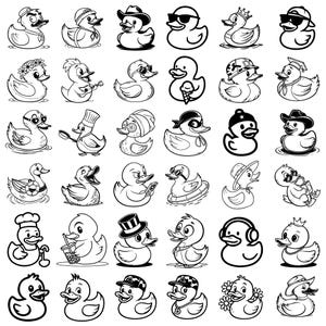 May include: A collection of black and white cartoon duck illustrations, each with unique accessories. Ducks are depicted wearing hats, sunglasses, chef hats, and holding items like ice cream cones and phones. The ducks are in various poses.