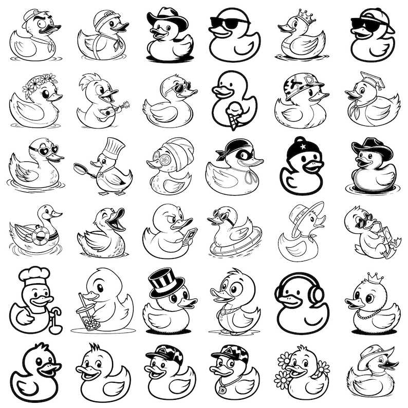May include: A collection of black and white cartoon duck illustrations, each with unique accessories. Ducks are depicted wearing hats, sunglasses, chef hats, and holding items like ice cream cones and phones. The ducks are in various poses.