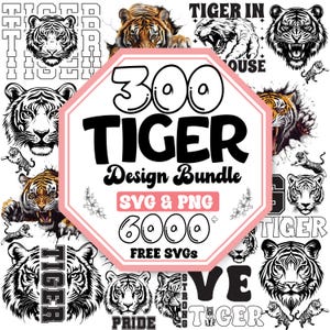 Puede incluir: Un gráfico de forma octogonal rosa y blanco con el texto "300 Tiger Design Bundle SVG & PNG 6000+ FREE SVGS" e imágenes de tigres en varias poses y diseños.