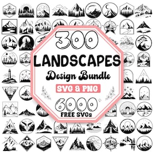 Può includere: Un ottagono rosa con il testo "300 Landscapes Design Bundle SVG & PNG 6000+ FREE SVGS" in testo nero. L'ottagono è circondato da 60 illustrazioni in bianco e nero di vari paesaggi, tra cui montagne, alberi e acqua.