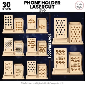 Può includere: Una collezione di 30 modelli di supporti per telefono tagliati al laser. I supporti sono realizzati in legno chiaro e presentano vari motivi, tra cui cuori, stelle e forme geometriche. Alcuni supporti hanno il testo "Be original", "Love" e "Teach love Inspire".