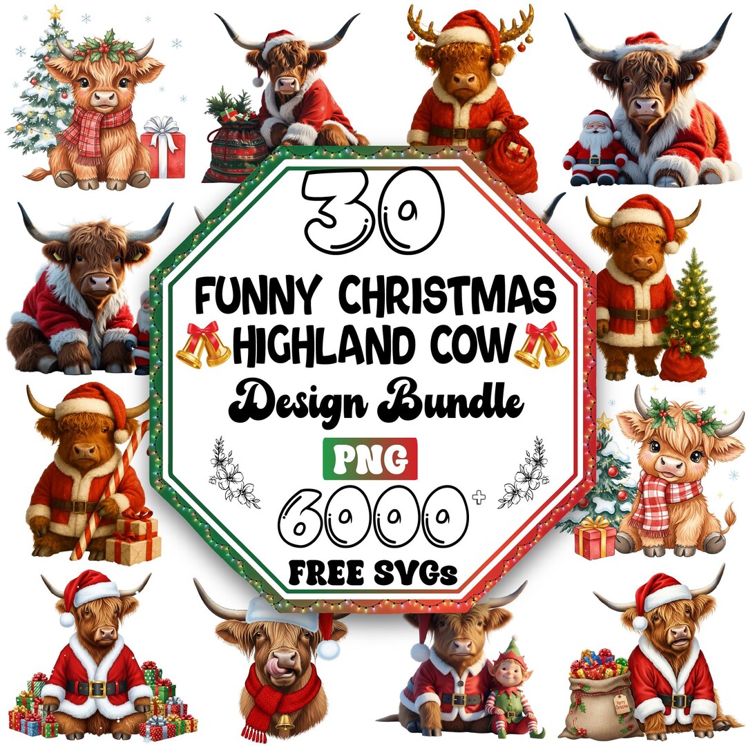 Funny Christmas Highland Cow Png Bundle |cute Christmas Cow Png |animal ...