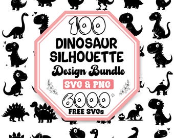 Könnte beinhalten: Ein rosa Achteck mit dem Text "100 Dinosaur Silhouette Design Bundle SVG & PNG 6000+ FREE SVGS" in Schwarz. Der Hintergrund ist weiß und zeigt 24 schwarze Silhouette-Bilder verschiedener Dinosaurier.