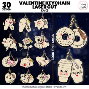 May include: Thirty Valentine's Day themed keychain designs for laser cutting. The designs include a donut, a coffee cup, a heart, a cat, a bear, a rose, a cloud, a moon, and more. The designs are in black and white and are ready to be cut out.