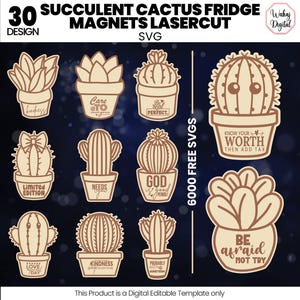 Pode incluir: Uma coleção de 30 ímanes de frigorífico de cactos e suculentas cortados a laser. Os desenhos incluem várias formas de cactos e suculentas com citações inspiradoras. Os ímanes são de cor castanho-claro.