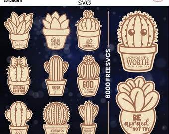 May include: A collection of 30 laser-cut succulent and cactus fridge magnets. The designs include various cactus and succulent shapes with inspirational quotes like "Kindness" and "Be Real, Perfect." The magnets are in a light brown color.
