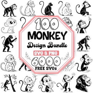 Puede incluir: Una colección de ilustraciones de monos en blanco y negro rodea un octágono rosa y blanco con el texto "100 MONKEY Design Bundle SVG & PNG 6000 FREE SVGs". Las imágenes muestran varias poses y actividades de monos.