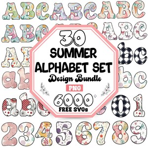 Puede incluir: Un paquete de diseño digital con un conjunto de alfabeto de verano con diseños florales, frutales y estampados. El conjunto incluye letras, números y el texto "30 SUMMER ALPHABET SET Design Bundle PNG 6000 FREE SVGs".