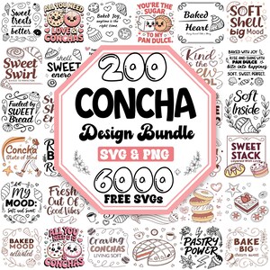 May include: A pink and white graphic design bundle featuring 200 Concha designs, 6000 free SVGs, and a variety of illustrations of pastries, hearts, and shells. The text "200 Concha Design Bundle" is in bold black letters. The text "SVG & PNG" is in black letters. The text "6000 FREE SVGS" is in black letters.