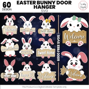 May include: A set of 12 digital SVG files featuring cute bunny rabbit illustrations with different welcome signs. The signs include phrases like "Welcome", "Sweet Home", and "Welcome Sweet Bunny".