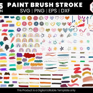 Puede incluir: Una colección de 225 diseños de trazos de pincel en varios colores, incluidos rojo, azul, verde, amarillo, naranja, morado, rosa y marrón. Los diseños incluyen líneas, círculos, corazones, estrellas, arcoíris y flechas. El texto "225 DESIGN" y "SVG | PNG | EPS | DXF" está en la parte superior de la imagen. El texto "Wahay Digital" está en la esquina superior derecha de la imagen. El texto "This Product is a Digital Editable Template only" está en la parte inferior de la imagen.
