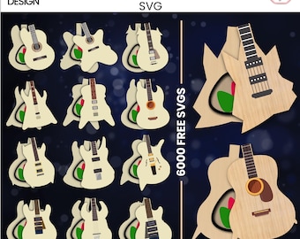 May include: A set of 15 laser cut guitar SVG files for creating picture boxes. The designs feature different guitar shapes and styles, including acoustic and electric guitars. The text "15 DESIGN" and "PIC BOX LASER CUT SVG" is visible at the top of the image. The text "6000 FREE SVGS" is visible on the right side of the image.