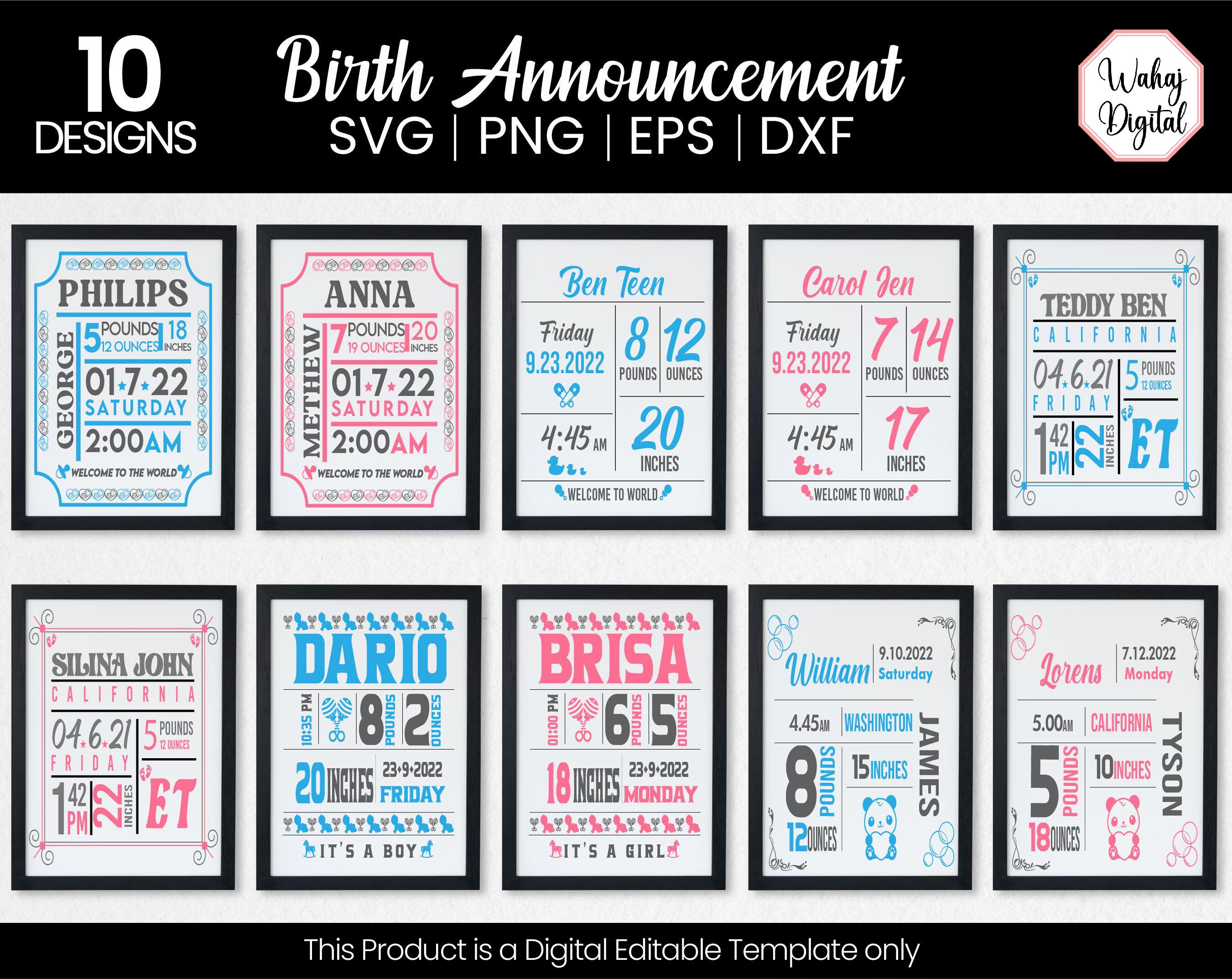 Baby Birth Stats Chart SVG Bundle: Elephant Design (digital
