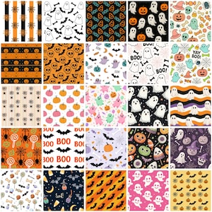 May include: A collection of Halloween-themed seamless patterns. Designs include ghosts, pumpkins, bats, candy corn, spiders, and skulls. Colors include orange, black, white, purple, and pink. Some patterns have the text "BOO!" and "Eeek!"