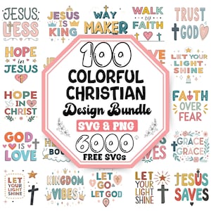以下が含まれることがあります： 黒色の「100 Colorful Christian Design Bundle」というテキストが書かれたピンク色の八角形。八角形は、「イエスは王」、「キリストへの希望」、「あなたの光を輝かせましょう」などのキリスト教をテーマにしたテキストが書かれた16個のカラフルな正方形で囲まれています。