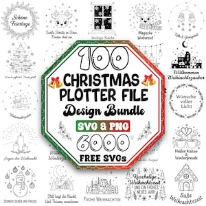 Può includere: Un pacchetto di design natalizi con 100 file plotter, formati SVG e PNG e 6000 SVG gratuiti. L'immagine centrale è un ottagono rosso e verde con il testo "100 Christmas Plotter File Design Bundle". Varie illustrazioni a tema natalizio circondano l'immagine centrale.