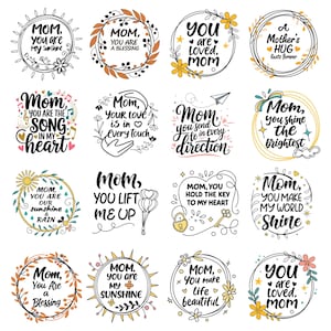 K&ouml;nnte beinhalten: Ein Set mit 12 druckbaren Muttertagskarten mit floralen Kr&auml;nzen und handgeschriebenen Botschaften. Die Karten zeigen S&auml;tze wie "Mama, du bist mein Sonnenschein" und "Du bist geliebt, Mama".