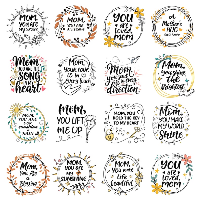 K&ouml;nnte beinhalten: Ein Set mit 12 druckbaren Muttertagskarten mit floralen Kr&auml;nzen und handgeschriebenen Botschaften. Die Karten zeigen S&auml;tze wie "Mama, du bist mein Sonnenschein" und "Du bist geliebt, Mama".