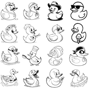 May include: A collection of black and white cartoon duck illustrations. Each duck is depicted in a unique style, wearing accessories such as sunglasses, hats, and a chef's hat. Some ducks are holding objects like a guitar, ice cream, and a cell phone.