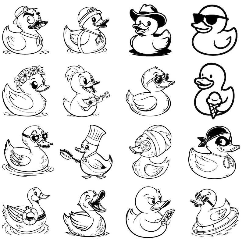May include: A collection of black and white cartoon duck illustrations. Each duck is depicted in a unique style, wearing accessories such as sunglasses, hats, and a chef's hat. Some ducks are holding objects like a guitar, ice cream, and a cell phone.