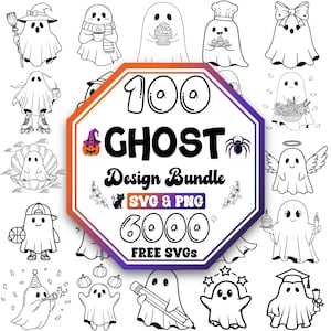 Pode incluir: Desenhos a preto e branco de vários fantasmas de desenhos animados em diferentes poses, como usar um chapéu de bruxa ou um chapéu de chef. A imagem inclui o texto "100 Ghost Design Bundle SVG & PNG 6000 FREE SVGs".