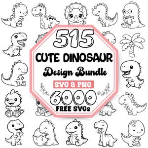 Op de afbeelding: Een digitale collectie van 515 zwart-wit lijntekeningen van dinosaurussen in diverse houdingen en uitdrukkingen, gecentreerd rond een roze achthoekig embleem met de tekst 515 CUTE DINOSAUR Design Bundle SVG & PNG 6000 FREE SVGS.