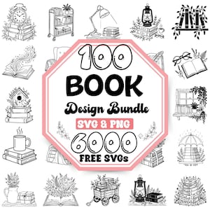 Może przedstawiać: Cyfrowa kolekcja 100 ilustracji o tematyce książkowej w formie czarno-białych rysunków liniowych. Centralny tekst głosi 100 BOOK Design Bundle SVG & PNG 6000 FREE SVGS. Wokół tekstu znajdują się różne szkice książek, lamp, roślin i kubków.