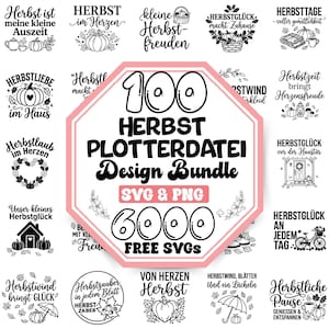 Op de afbeelding: Een digitaal ontwerppakket met 100 herfstthema-afbeeldingen in zwart-wit. De centrale tekst luidt 100 HERBST PLOTTERDATEI Design Bundle SVG & PNG 6000 FREE SVGS, omringd door diverse seizoensgebonden illustraties zoals pompoenen, bladeren en huizen.