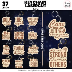 Puede incluir: Una colección de 15 diseños de llaveros cortados con láser con citas y frases inspiradoras. Los llaveros tienen varias formas y tamaños, con llaveros dorados. La imagen incluye el texto "KEYCHAIN LASERCUT SVG" y "6000 FREE SVGS".