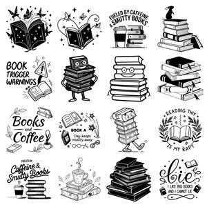 Puede incluir: Una colecci&oacute;n de ilustraciones en blanco y negro con libros y temas relacionados. Las im&aacute;genes incluyen montones de libros, libros abiertos con mariposas, tazas de caf&eacute; y texto como "Books and Coffee" y "Fueled by Caffeine & Smutty Books."