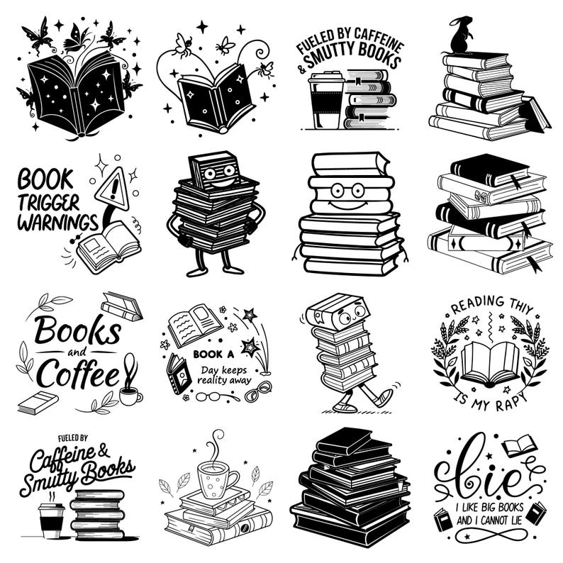 Puede incluir: Una colecci&oacute;n de ilustraciones en blanco y negro con libros y temas relacionados. Las im&aacute;genes incluyen montones de libros, libros abiertos con mariposas, tazas de caf&eacute; y texto como "Books and Coffee" y "Fueled by Caffeine & Smutty Books."
