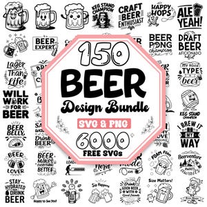 Puede incluir: Un octógono rosa con el texto "150 Beer Design Bundle SVG & PNG 6000 FREE SVGS" en texto negro. El octógono está sobre un fondo blanco con ilustraciones en blanco y negro de diseños con temática de cerveza. Algunos de los diseños incluyen texto como "Beer Expert", "Lager Than Life", "Will Work For Beer", "Happy Hops", "Ale Yeah!" y "I Brew It My Way".
