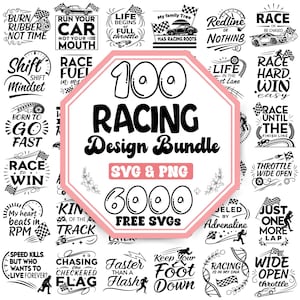 Może przedstawiać: Różowo-czarny pakiet projektów graficznych z 100 wzorami o tematyce wyścigowej. Pakiet zawiera 6000 darmowych plików SVG i jest dostępny w formatach SVG i PNG. Tekst "100 Racing Design Bundle" jest w dużym, pogrubionym kroju pisma. Tekst "SVG & PNG" jest w mniejszym kroju pisma. Tekst "6000 FREE SVGS" jest w dużym, pogrubionym kroju pisma.