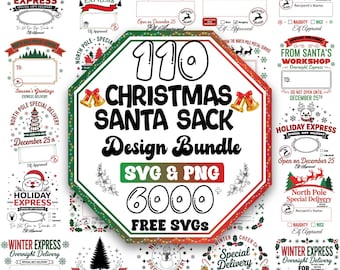 Puede incluir: Un paquete de diseño digital que incluye 110 gráficos de sacos de Santa en formatos SVG y PNG, además de 6000 archivos SVG gratuitos. El gráfico octogonal central muestra el texto 110 CHRISTMAS SANTA SACK Design Bundle SVG & PNG 6000 FREE SVGS.