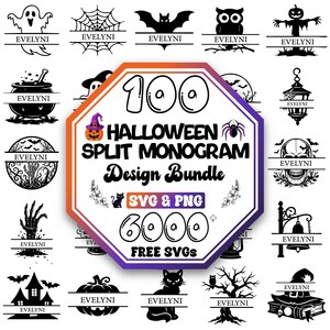 Könnte beinhalten: Ein digitales Design-Paket mit 100 Halloween-Split-Monogramm-Grafiken in Schwarz-Weiß. Der zentrale Text lautet 100 HALLOWEEN SPLIT MONOGRAM Design Bundle SVG & PNG 6000+ FREE SVGS. Symbole umfassen Geister, Fledermäuse, Kürbisse und Totenköpfe.
