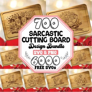 May include: A digital collage of rectangular wooden cutting boards featuring various engraved cartoon illustrations of vegetables and food items with text such as Crime Scene, Crime of Passion, and North Pole Police Line, presented as a design bundle.