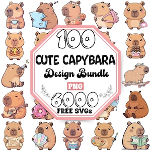 May include: A collection of cartoon capybara designs. The image features various capybaras in different poses, holding objects like pizza, a telescope, and a skateboard. Text reads "100 CUTE CAPYBARA Design Bundle" and "6000 FREE SVGs".