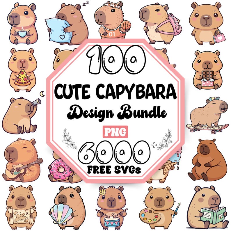 May include: A collection of cartoon capybara designs. The image features various capybaras in different poses, holding objects like pizza, a telescope, and a skateboard. Text reads "100 CUTE CAPYBARA Design Bundle" and "6000 FREE SVGs".
