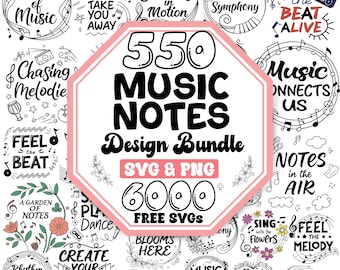 Paquete SVG de notas musicales: guitarra, clave de sol y notas danzantes (descarga digital)