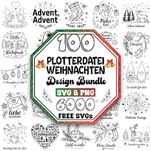 May include: A black and white design bundle with Christmas-themed SVG and PNG files. The central image features the text "100 Plotterdatei Weihnachten Design Bundle SVG & PNG 6000 FREE SVGS". Surrounding images include gnomes, bells, and holiday phrases.