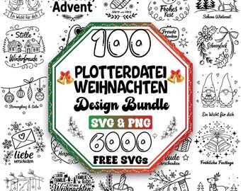 以下が含まれることがあります： クリスマスをテーマにした白黒のデザインバンドルで、SVGファイルとPNGファイルが含まれています。中央の画像には「100 Plotterdatei Weihnachten Design Bundle SVG & PNG 6000 FREE SVGS」というテキストが表示されています。周囲の画像には、ノーム、ベル、休日のフレーズが含まれています。