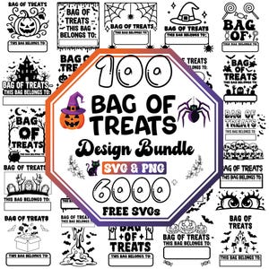 Può includere: Un pacchetto di design a tema Halloween con il testo "100 Bag of Treats Design Bundle" e "6000 Free SVGs". L'immagine presenta una zucca, un ragno e varie grafiche a tema Halloween.