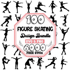 Op de afbeelding: Een digitaal ontwerppakket met 100 zwarte silhouetten van kunstschaatsers in verschillende houdingen rondom een centrale achthoekige afbeelding. De tekst luidt 100 FIGURE SKATING Design Bundle SVG & PNG 6000 FREE SVGS met bloemmotieven.