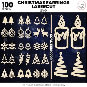 Puede incluir: Una colección de 100 diseños de pendientes navideños cortados con láser en varias formas, incluyendo árboles, copos de nieve, velas y campanas. Los diseños son de color beige claro sobre un fondo azul oscuro. El texto "CHRISTMAS EARRINGS LASERCUT SVG" está en la parte superior.