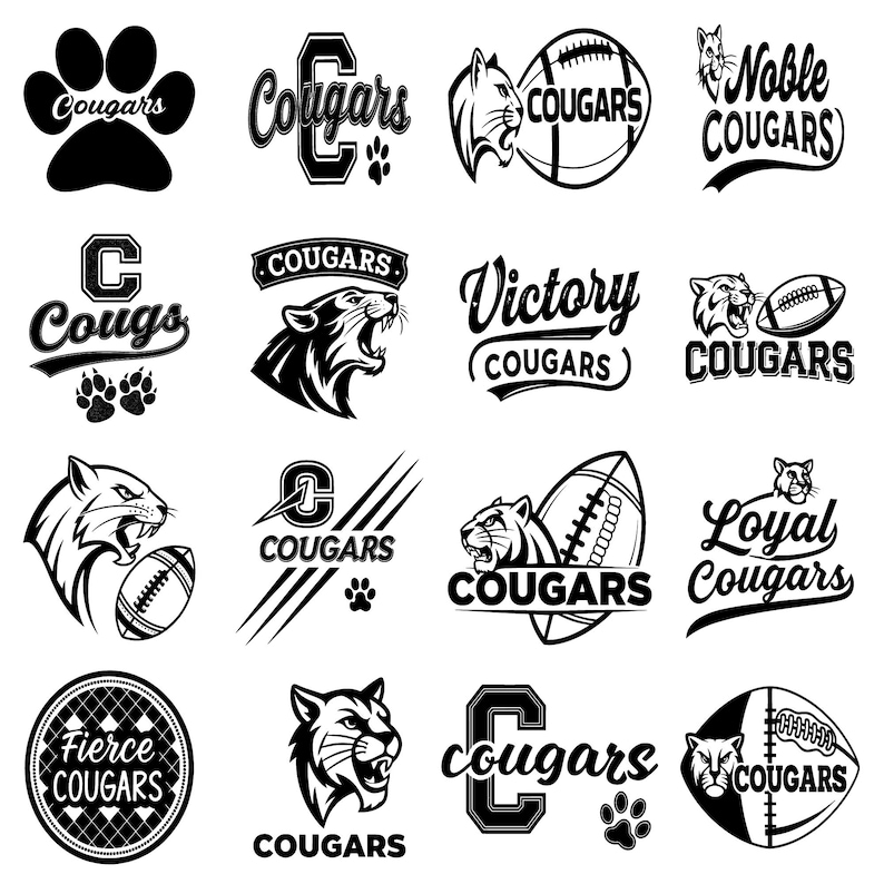 May include: A collection of black and white cougar-themed logos. Designs include paw prints, cougar heads, footballs, and text such as "Cougars", "Victory", "Fierce Cougars", and "Loyal Cougars".