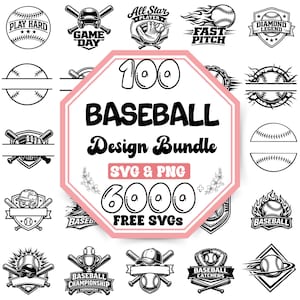 May include: A collection of black and white baseball designs, featuring baseballs, bats, and text elements. The central image displays the text "100 BASEBALL Design Bundle SVG & PNG 6000 FREE SVGS" within a pink and white octagon.