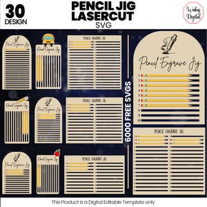 Puede incluir: Una plantilla digital para corte láser, con múltiples diseños para grabado de lápices. La imagen incluye el texto "PENCIL JIG LASERCUT SVG" y "6000 FREE SVGS". Los diseños están dispuestos sobre un fondo azul oscuro.